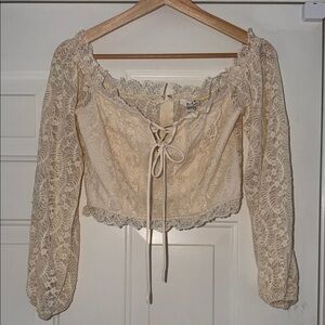 privy Cream Lace Tie-Front Peasant Top. Size M P2P 16, Length 10